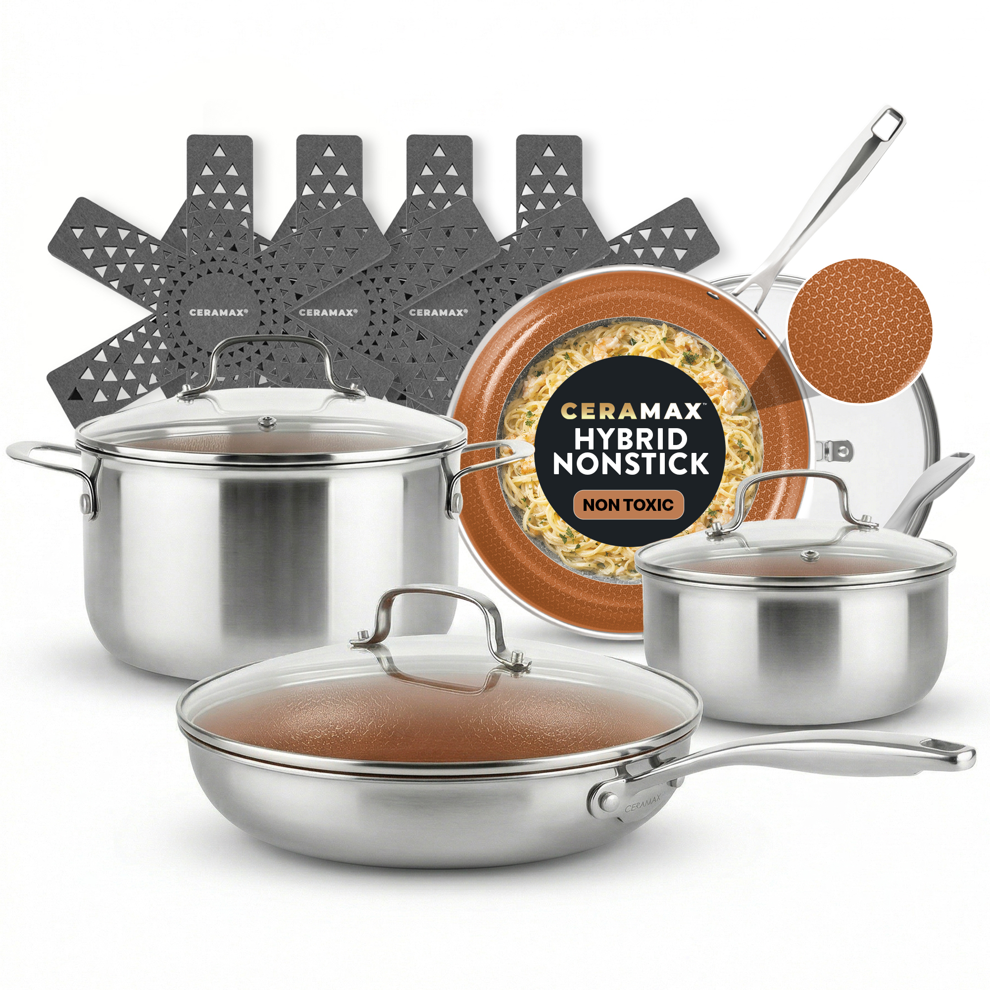 Ceramax 12 Pcs Tri Ply Hybrid Stainless Steel Cookware Set- Ceramic Pots and Pans Set Non Stick with Induction Cookware- Made Without PTFE PFOA- Metal Utensil Safe- Oven and Dishwasher Safe - Copper